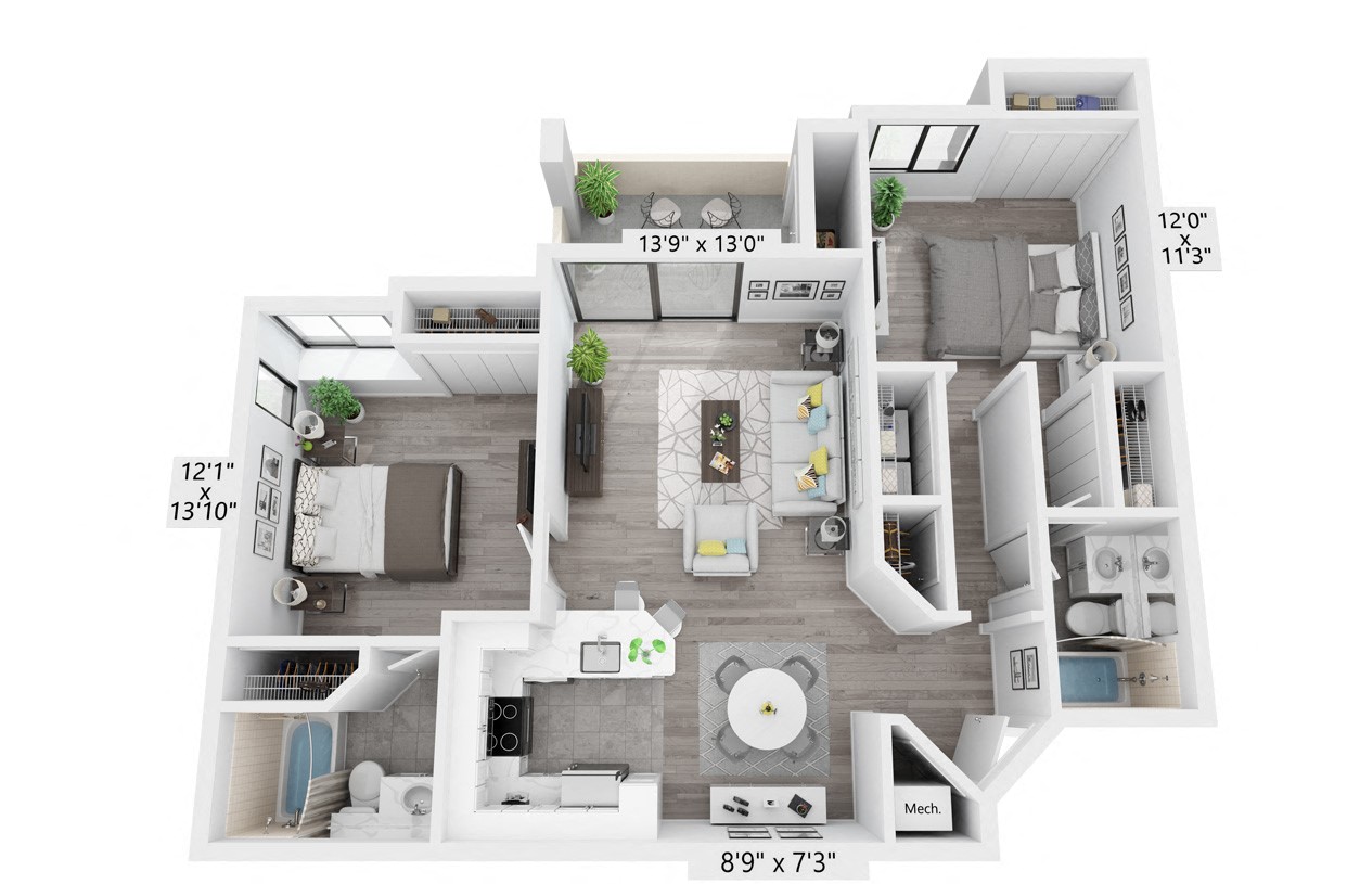 Floor plan for 2 beds, 2 baths, 1172 sqft